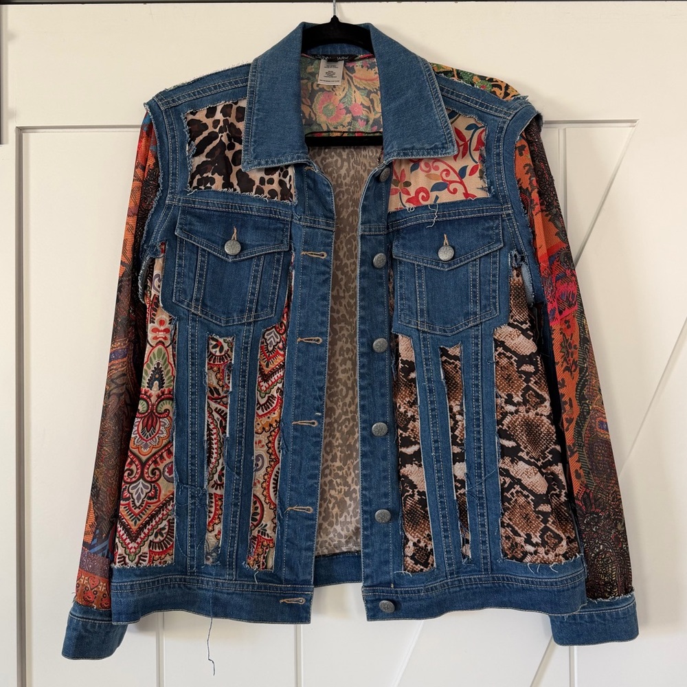 John Mark Point Collar Multi Print Patch Denim Ja… - image 3